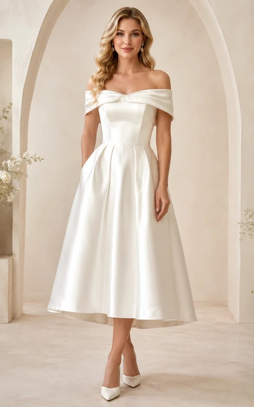 Teelanges schulterfreies A-Linien-Cocktailkleid aus elfenbeinfarbenem Satin in A-Linie