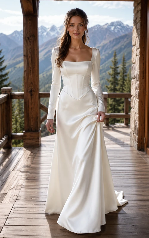 Robe de mariée de style chalet de montagne en satin à manches longues et taille basque