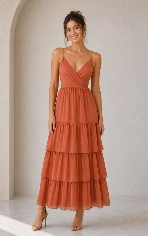Papaya Tiered Chiffon Spaghetti Strap Midi A-Line Dress