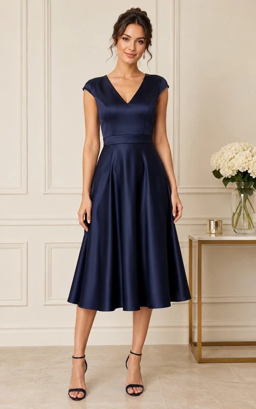 Vestido de satén de corte A con escote en V y largo hasta la rodilla