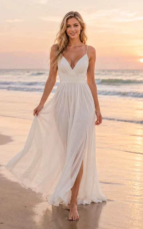 Spaghetti Strap V Neck Chiffon Beach Bridal Slit Gown