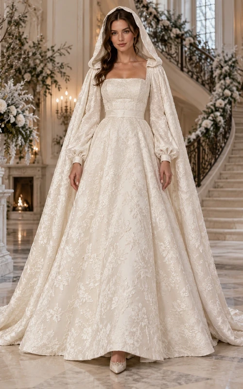 Vestido de novia tipo capa con capucha, corte en A, manga larga, escote cuadrado y brocado