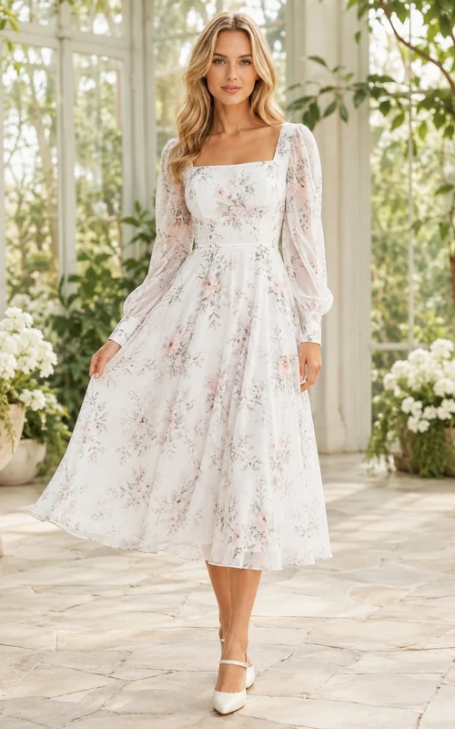 Robe de jardin blanche à fleurs en mousseline de soie, col carré, coupe trapèze, manches longues, longueur thé