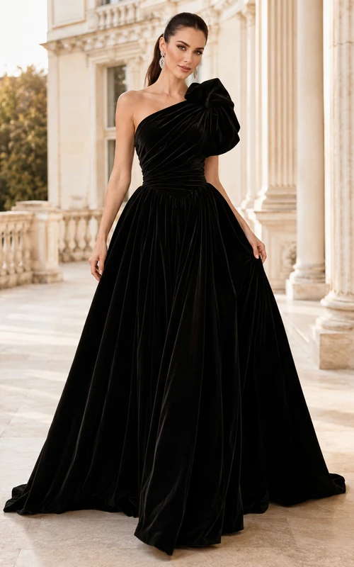 Elegante vestido de noche formal largo hasta el suelo, de terciopelo negro con un solo hombro y lazo floral.