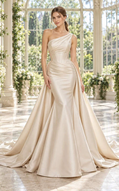 One Shoulder Champagne Sculpted Waist Satin Full Train Reception Bridal Gown