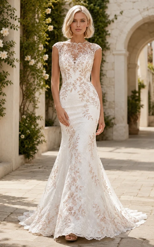 Elegantes Brautkleid in Roségold mit hohem Kragen, Meerjungfrauen-Stil, kurzen Ärmeln, bodenlanger Schleppe und elegantem Design.