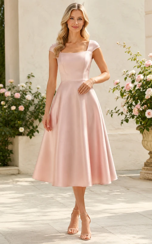 Vestido de cóctel rosa palo con escote Bardot y largo midi