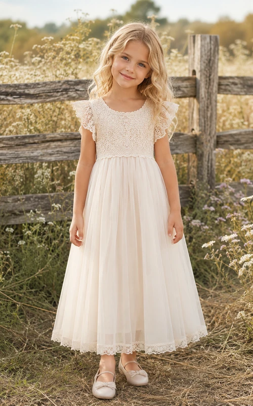 Vestido de tul rústico con mangas de volantes y encaje para niña, largo hasta la rodilla, estilo pradera.