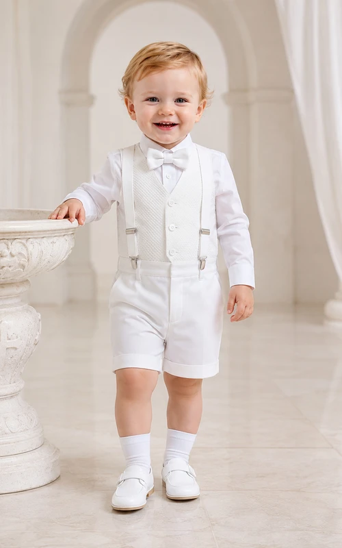 White Suspender Bow Tie Long Sleeve Christening Short Set for Baby Boy