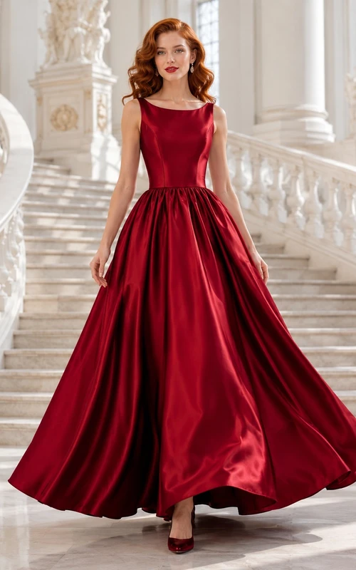 Red Vintage Bateau Pleated Satin Ball Gown Floor-Length Formal Dress