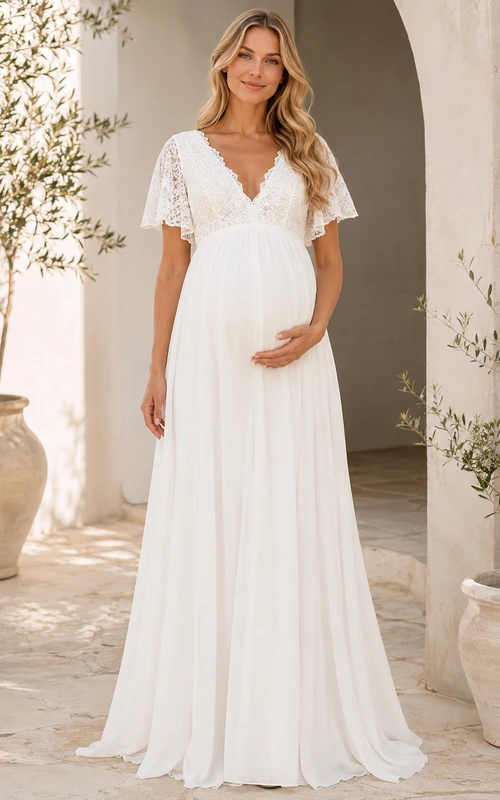 Vestido largo de gasa blanca con escote en V, encaje y mangas con volantes, estilo jardín.