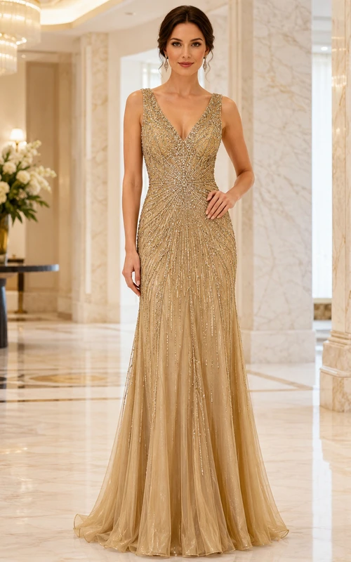 Vestido de noche largo hasta el suelo, de lujo, color dorado, con escote en V profundo, tirantes anchos, lentejuelas y abalorios.