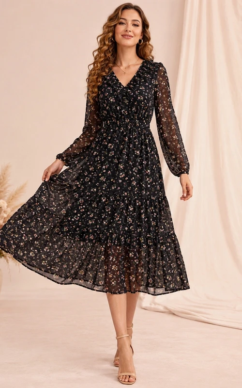 Schwarzes, geblümtes Chiffon-Cocktailkleid mit V-Ausschnitt, langen Ärmeln, A-Linien-Schnitt und Teelänge