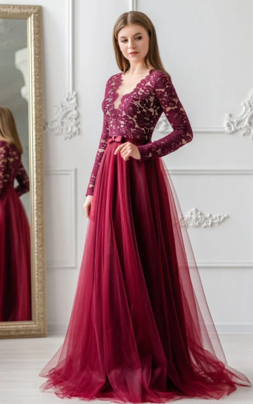 Vestido de noche moderno de corte A, largo hasta el suelo, con encaje y borde festoneado, y lazo.