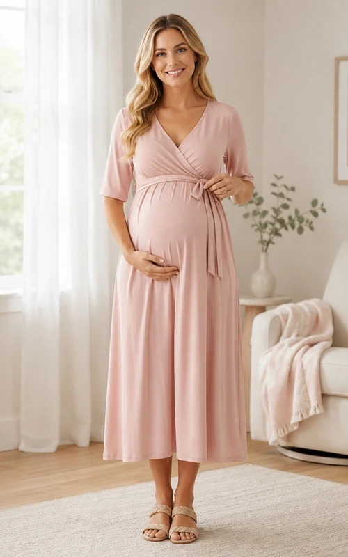 Blush Jersey V-neck Half Sleeve Empire Tea-length Maternity Dress