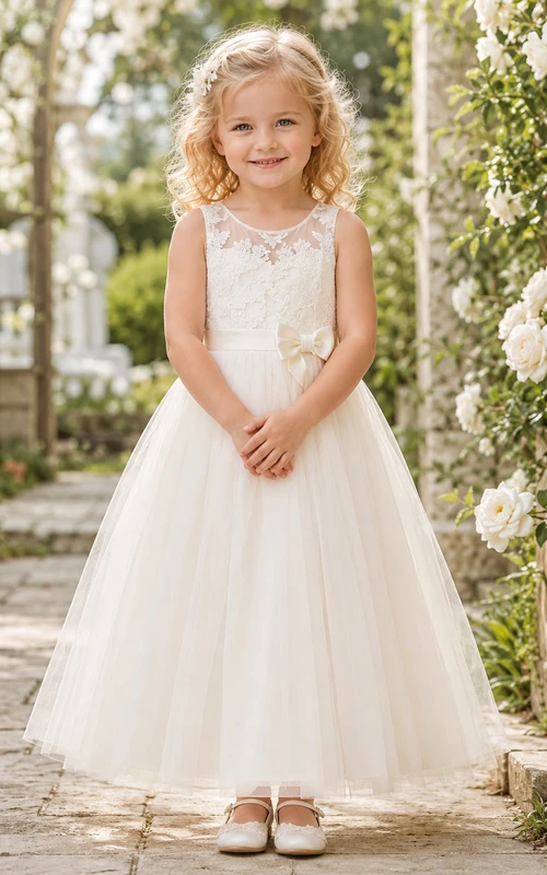 Robe mi-longue en tulle et dentelle, coupe trapèze, col rond, sans manches, ornée d'un nœud, pour demoiselle d'honneur