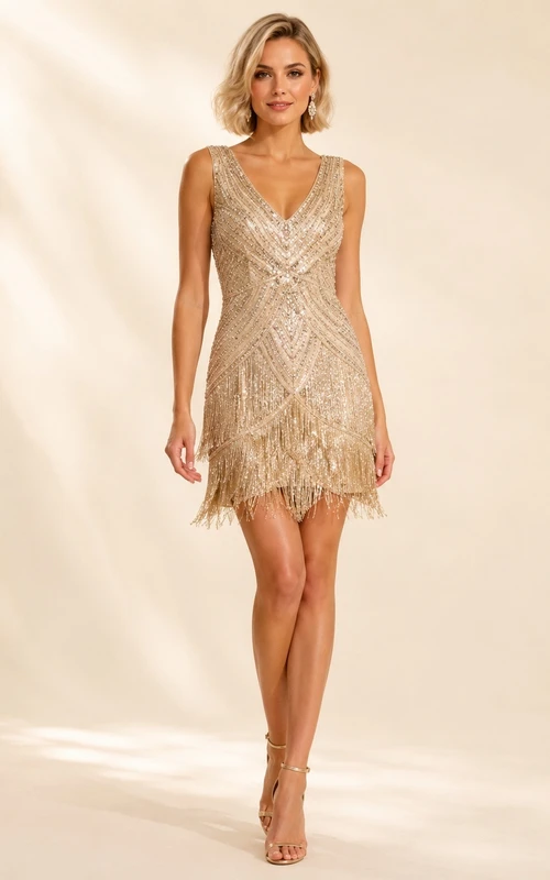 Champagne Beaded V-Neck Sleeveless Fringe Sheath Mini Cocktail Evening Dress