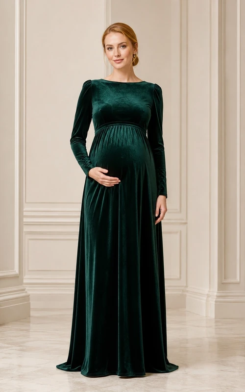 Robe de maternité vert foncé à col rond et manches longues en velours, coupe empire, longueur au sol