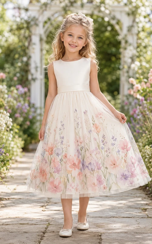 Aquarell-Blumenkleid für Blumenmädchen mit ärmellosem A-Linien-Oberteil, Tüllrock, bedrucktem Saum und Teelänge