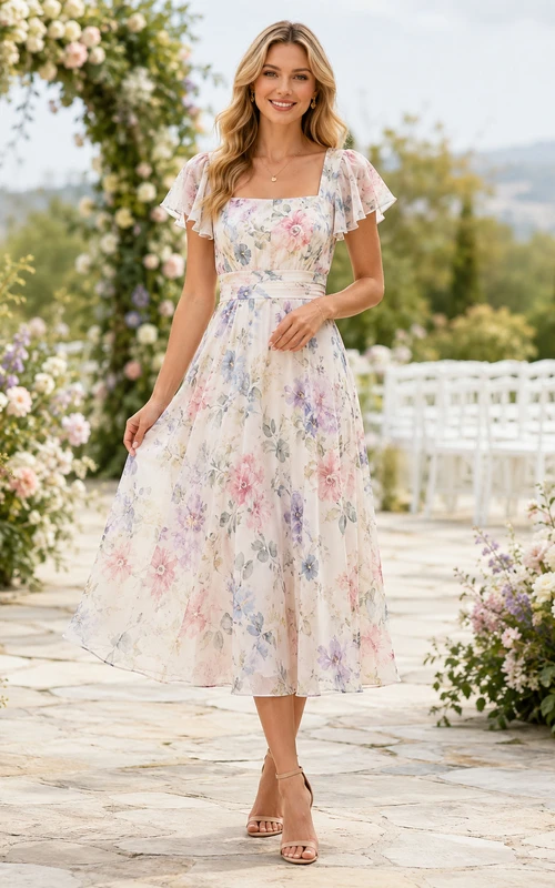 Vestido midi de invitada con escote cuadrado y mangas abullonadas en acuarela pastel