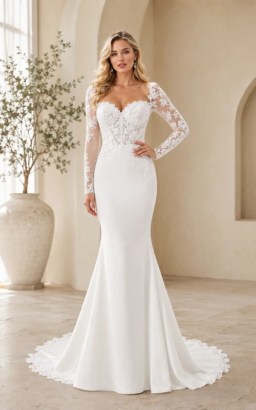 Romantisches Brautkleid aus Spitze mit herzförmigem Herzausschnitt, langen Ärmeln, Meerjungfrauen-Schleppe und Schleppe