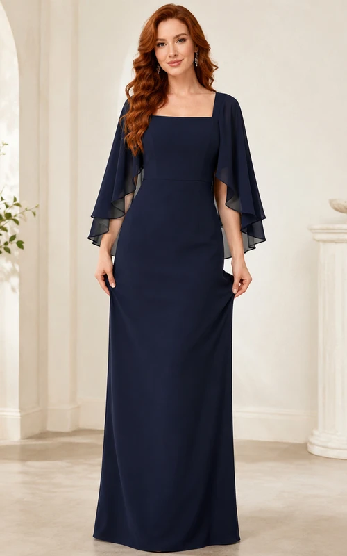 Vestido formal azul marino largo hasta el suelo con escote redondo y capa, ideal para madres.