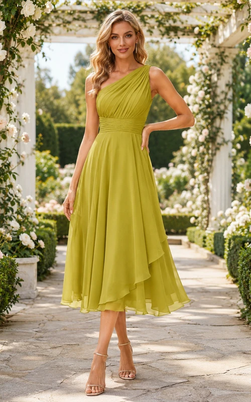 Chartreuse One Shoulder Chiffon High Low A Line Garden Wedding Guest Dress