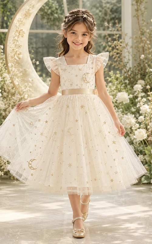 Flower Girl Dress A-Line Cream Moon Star Tulle Flutter Sleeve Garden