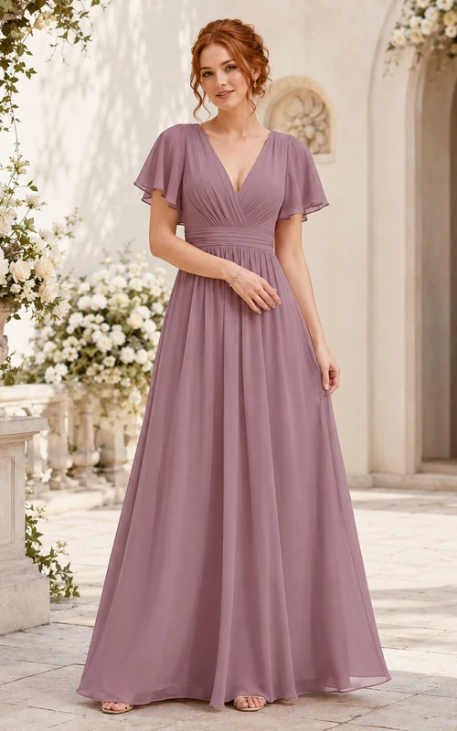 Robe de demoiselle d'honneur longue en mousseline mauve, à manches papillon et taille froncée.