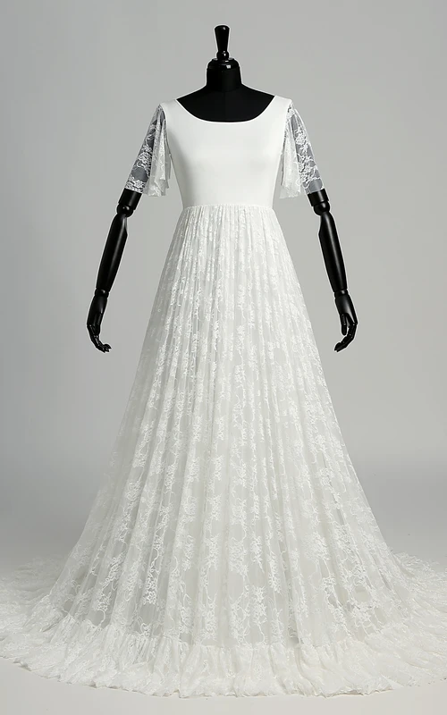Vestido de novia de satén y encaje largo hasta el suelo, corte en A, escote redondo, ilusión, manga corta y cola corta.