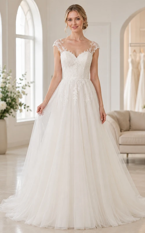 Budget Cap Sleeve Lace Bodice Tulle A-Line Bridal Gown