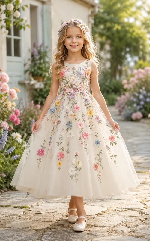 Vestido romántico bohemio de tul floral de corte A para niña de las flores, con corpiño sin mangas y falda larga.