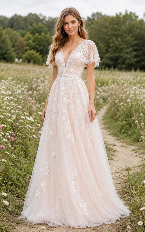 Flutter Sleeve Floral Lace Meadow A Line Bridal Gown