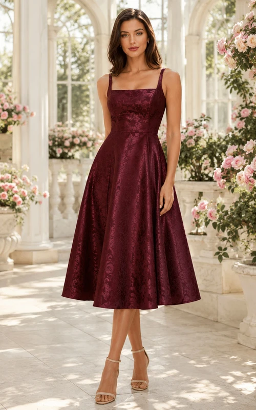Burgundy Rose Garden Wedding Guest Dress A-Line Satin Lace Spaghetti Square Neck Sleeveless Tea-Length