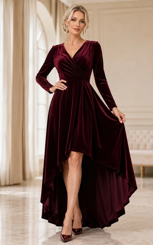Robe de soirée élégante bordeaux en velours, col en V, manches longues, coupe trapèze asymétrique.