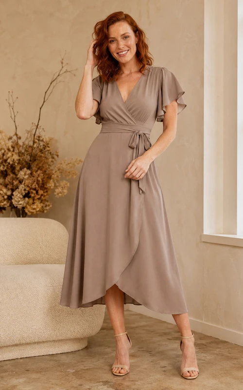 Taupe Flutter Sleeve Wrap Boutique Shopping Midi Dress