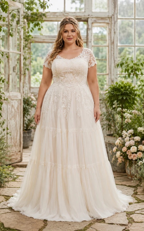 Vestido de novia de talla grande con escote joya, encaje, tul y corte en A con mangas cortas.