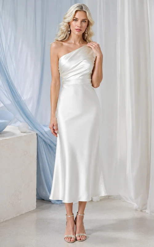 White One-Shoulder Draped Satin Sheath Tea-Length Formal Dress