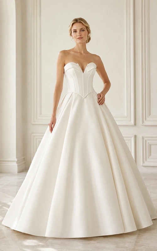 Vestido de novia sencillo de satén con corsé escultural sin tirantes y corte princesa.