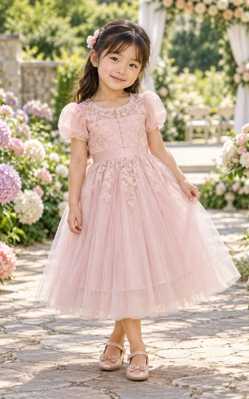 Teelanges, rosafarbenes A-Linien-Kleid aus Spitze, Tüll, Puffärmeln und Illusionsapplikationen für Blumenmädchen