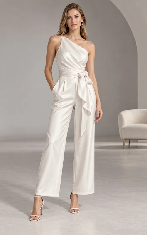 Modern One Shoulder Satin Side Sash Cropped Wide Leg Bridal Jumpsuit