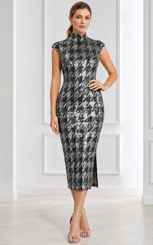 Modest Black Silver High Neck Sleeveless Sequin Houndstooth Sheath Tea-Length Cocktail Dress