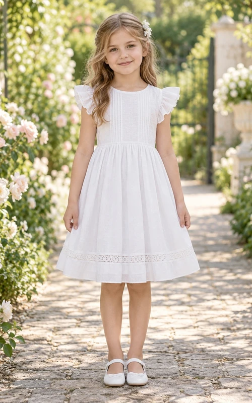 Simple Modest Tea-length White Scoop Double-flutter Pintucked Lace-insert Gathered Gauze Flower Girl Dress