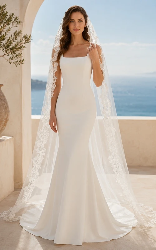 Vestido de novia clásico de satén con cola larga y corte recto para ceremonia