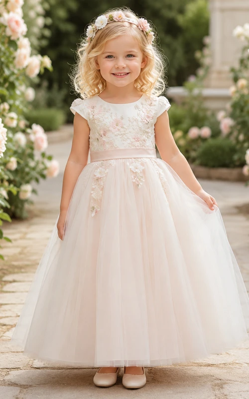 Robe de demoiselle d'honneur en dentelle rose poudré et tulle, coupe trapèze, manches courtes, col rond, longueur thé