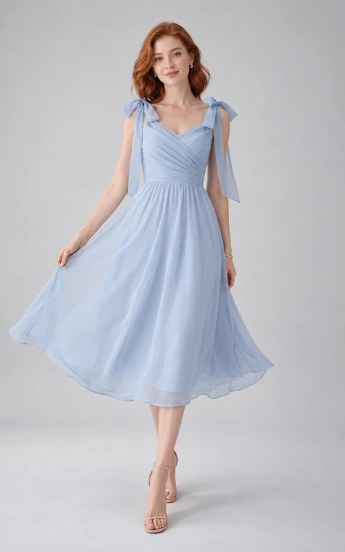 Sky Blue Bow Strap Tulle Midi Dress