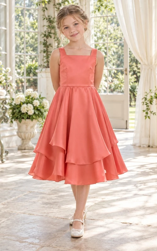 Square Neck Tea-length Coral Sleeveless Layered Satin A-line Flower Girl Dress