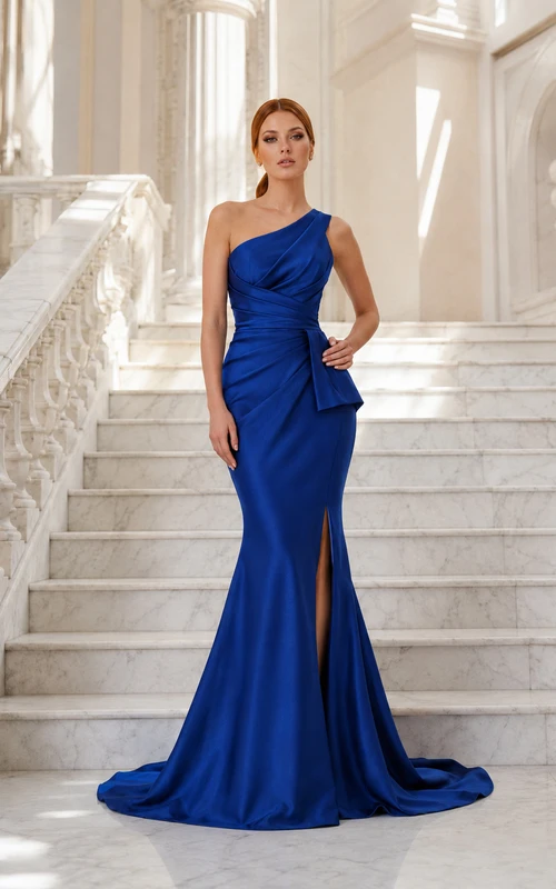 Königsblaues, einseitig schulterfreies Meerjungfrauen-Abendkleid mit Schlitz