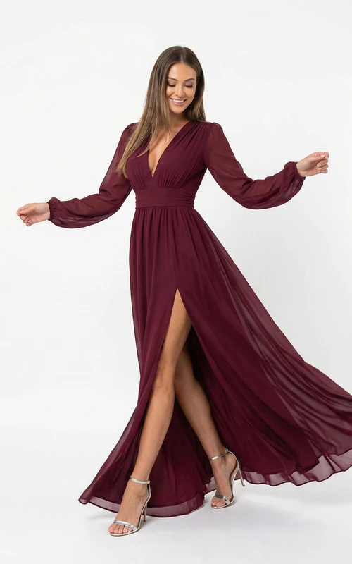 Burgunderrotes Cocktailkleid mit langen Ärmeln und V-Ausschnitt
