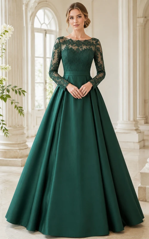 Vestido de gala largo de satén con mangas largas y encaje ilusión verde esmeralda